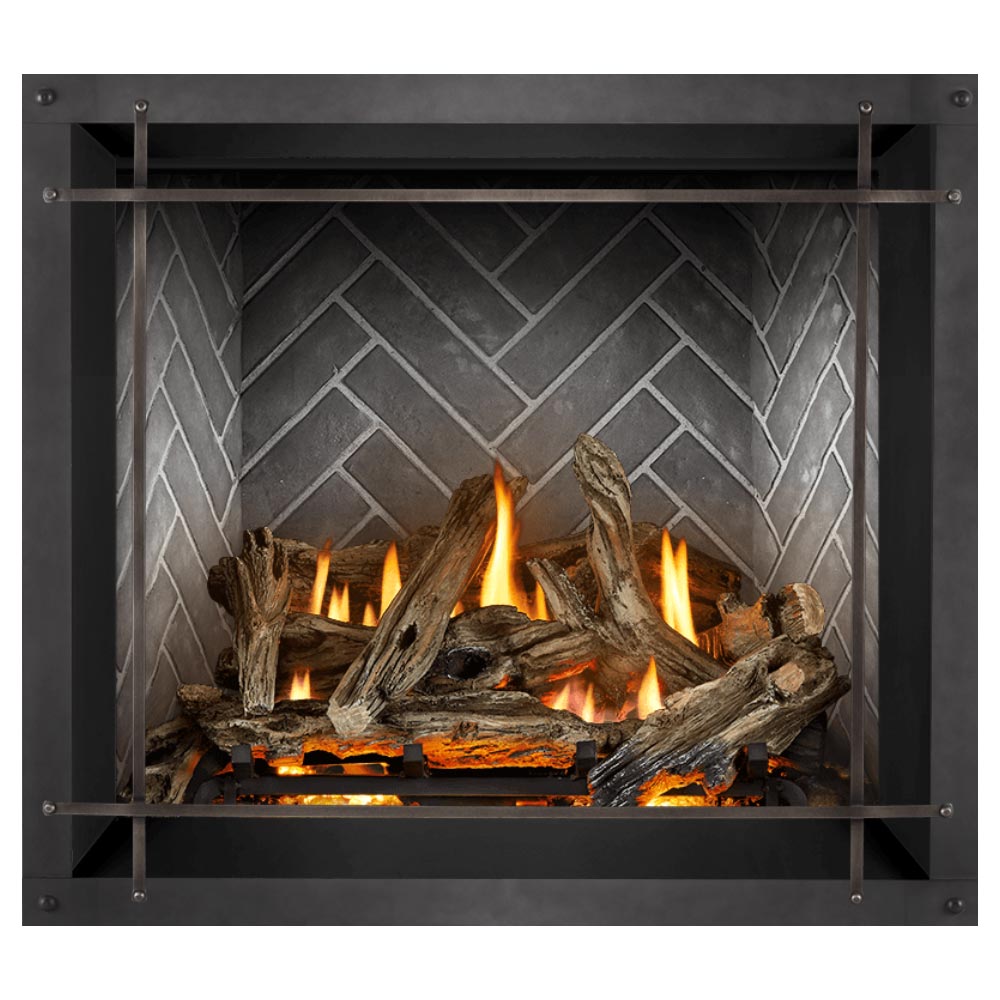 36-inch direct vent gas fireplace with burning log set and gray stone back panel