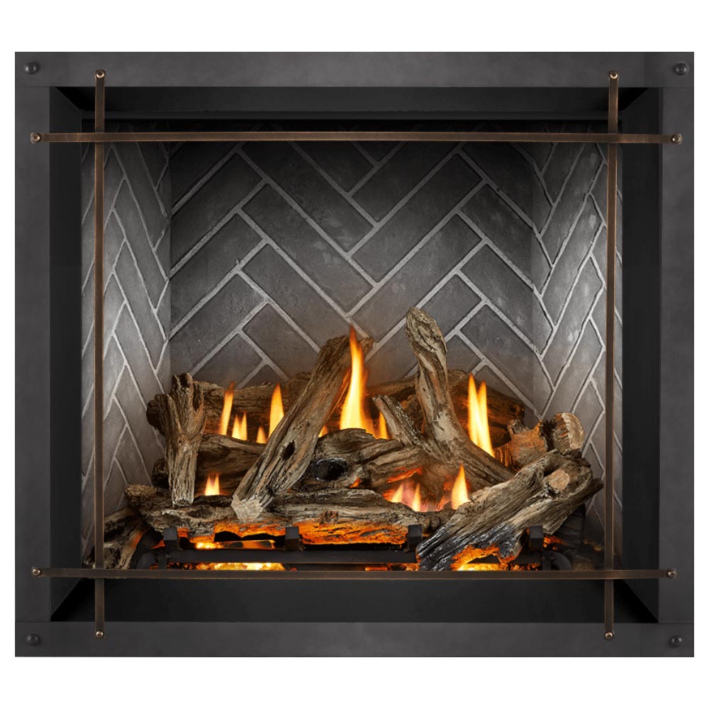 36-inch direct vent gas fireplace with burning log set and gray stone back surround