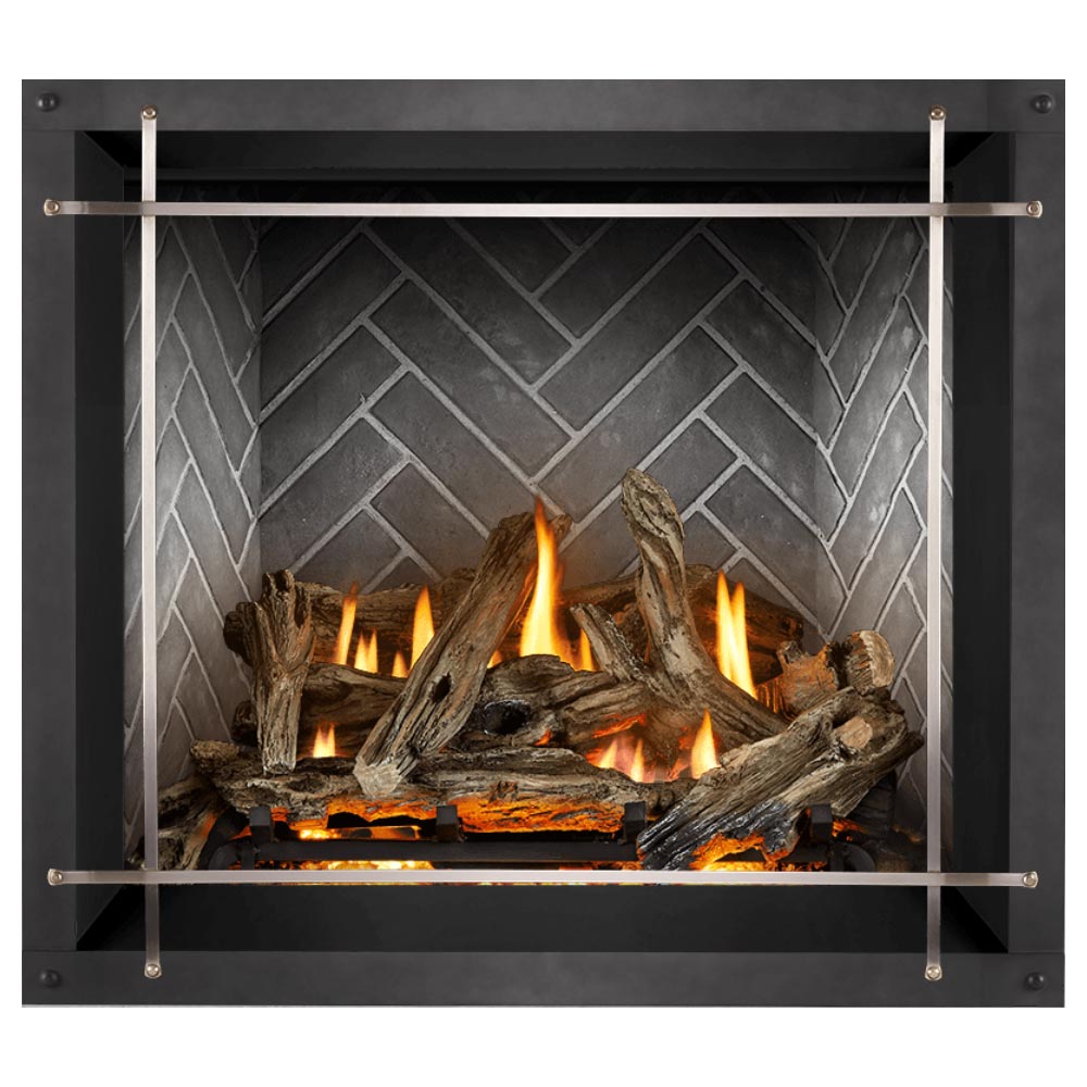 Direct vent gas fireplace with burning logs behind flat metal frame screen