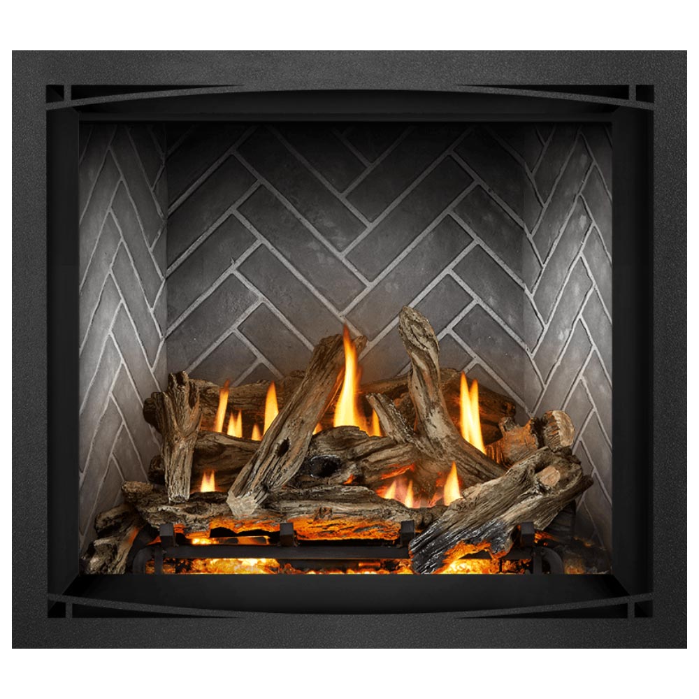 Black direct vent gas fireplace with burning logs and split white log pieces