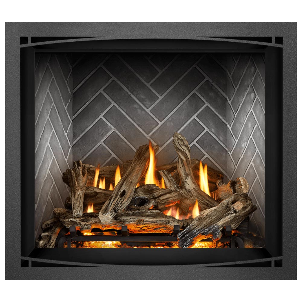 Direct vent gas fireplace with burning driftwood-style logs in a gray tile back panel