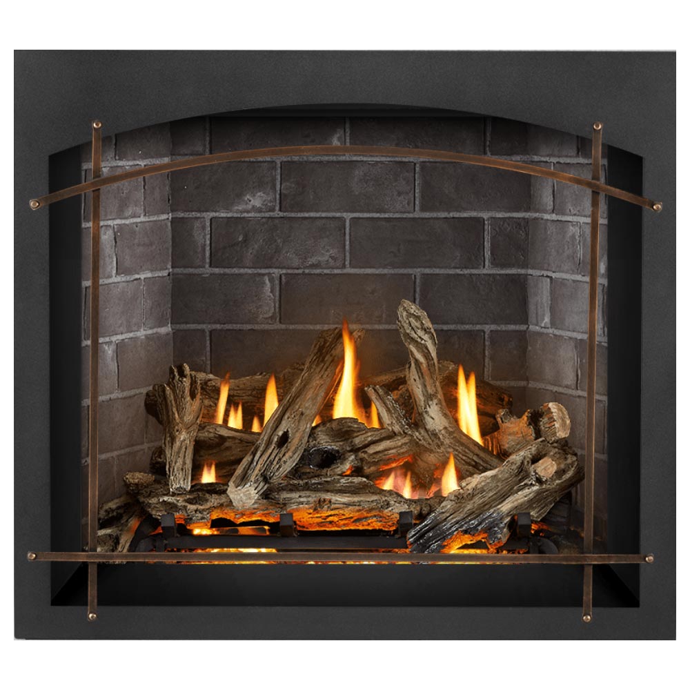 Direct vent gas fireplace with glowing flames and rustic split logs in gray masonry