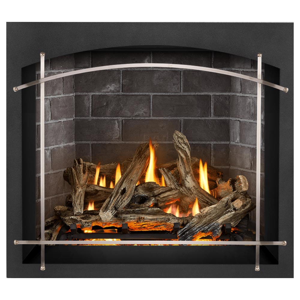 Direct vent gas fireplace with glowing flame and split logs in gray stone surround