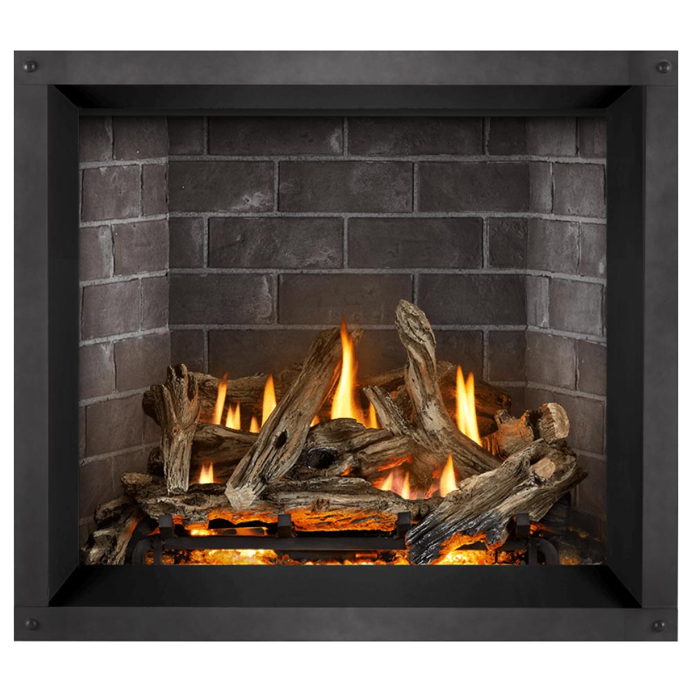 Direct vent gas fireplace, dark surround, burning split logs and orange flames behind glass