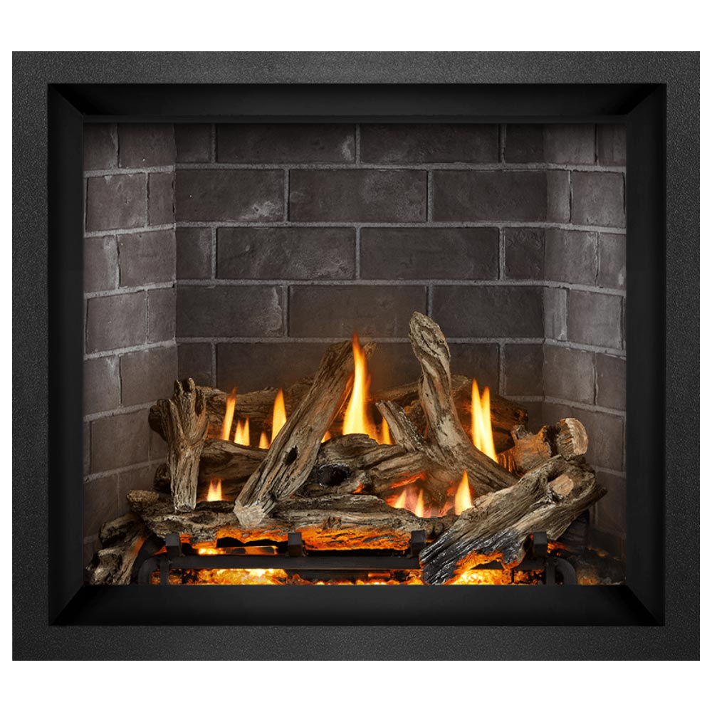 36-inch direct vent gas fireplace with dark logs, embers, and orange flame tips