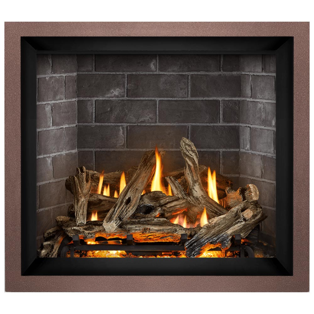 Direct vent gas fireplace with dark surround and burning log set against gray brick back