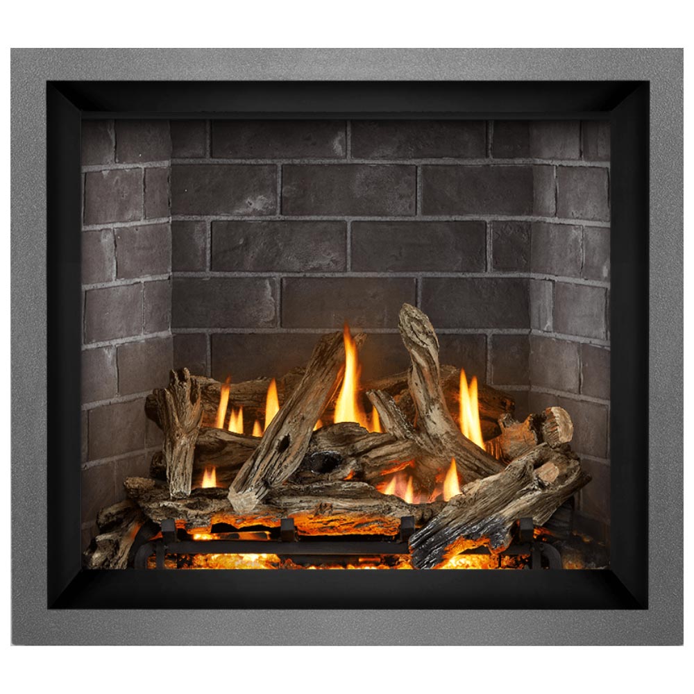 Black gas fireplace with burning log set and embers in dark gray brick surround