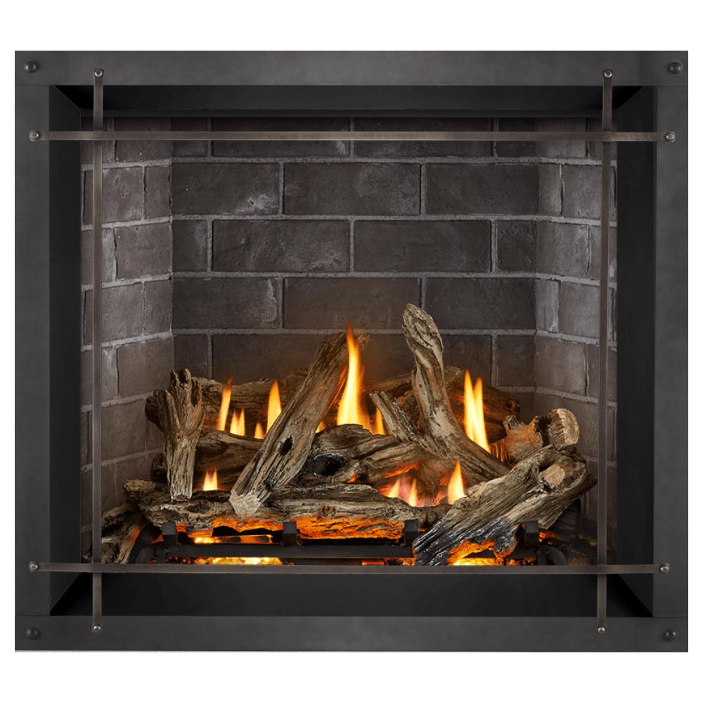 Direct vent gas fireplace with glowing flame and split logs, gray brick panel and bars