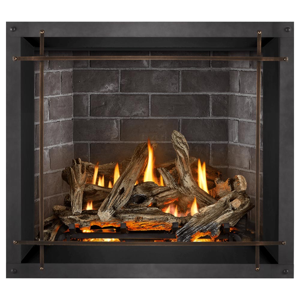 Direct vent gas fireplace featuring glowing flames and split logs in gray masonry