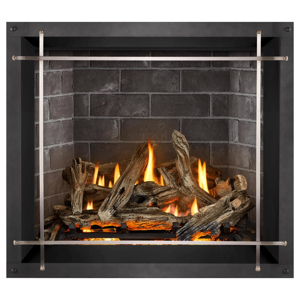 Direct vent gas fireplace with flat metal surround, glass front, burning logs in gray brick