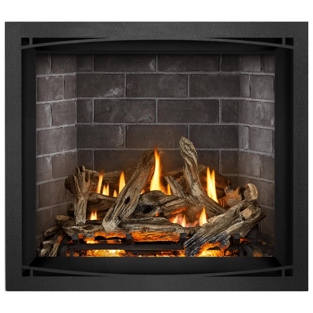 Direct vent gas fireplace with burning wood logs and flames, glowing embers visible behind black frame