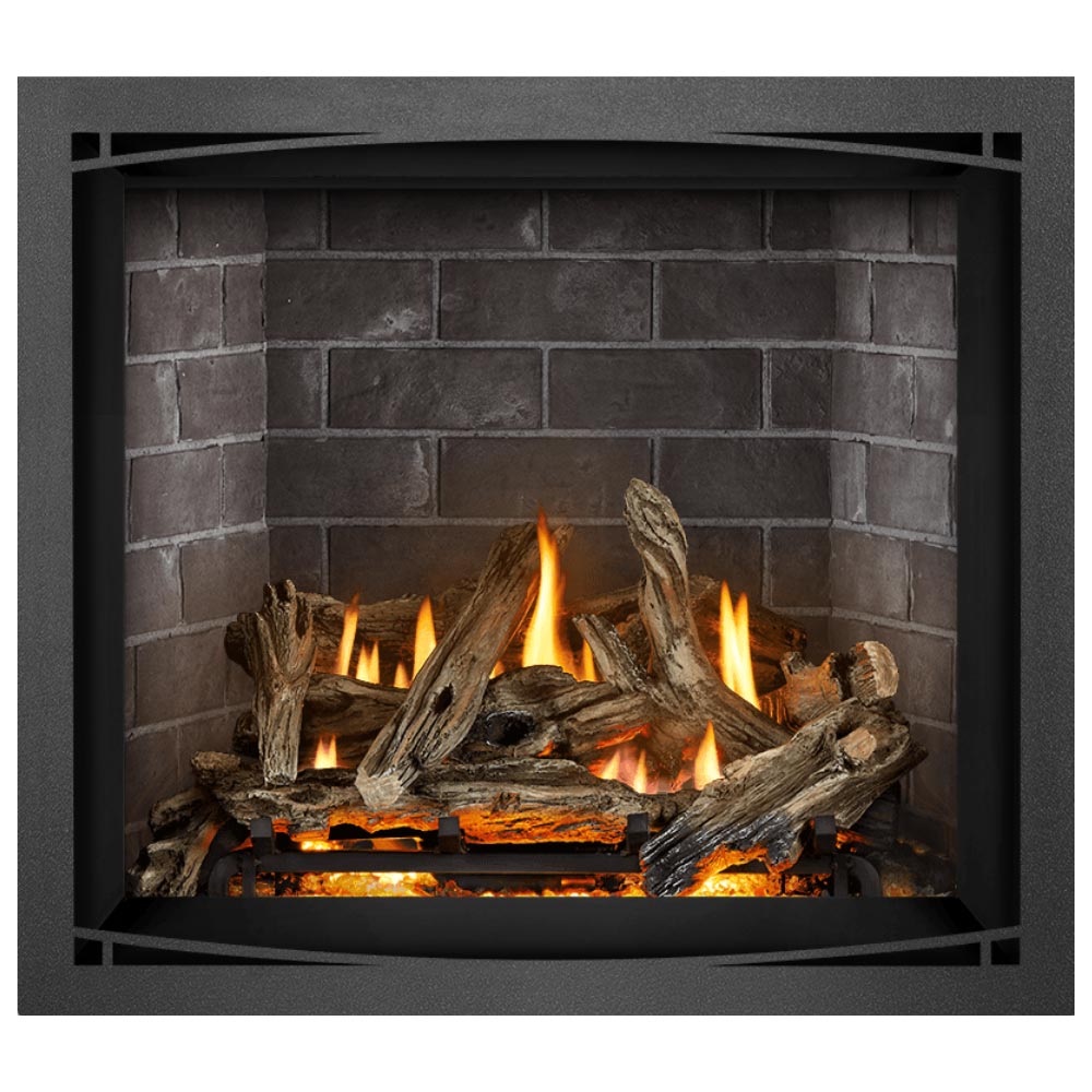 Direct vent gas fireplace with burning logs in a dark stone back panel