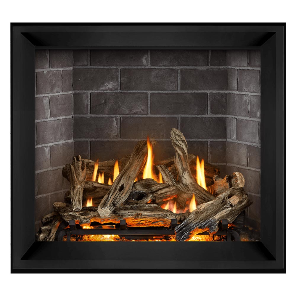Direct vent gas fireplace with gray brick back, stacked logs and orange flames