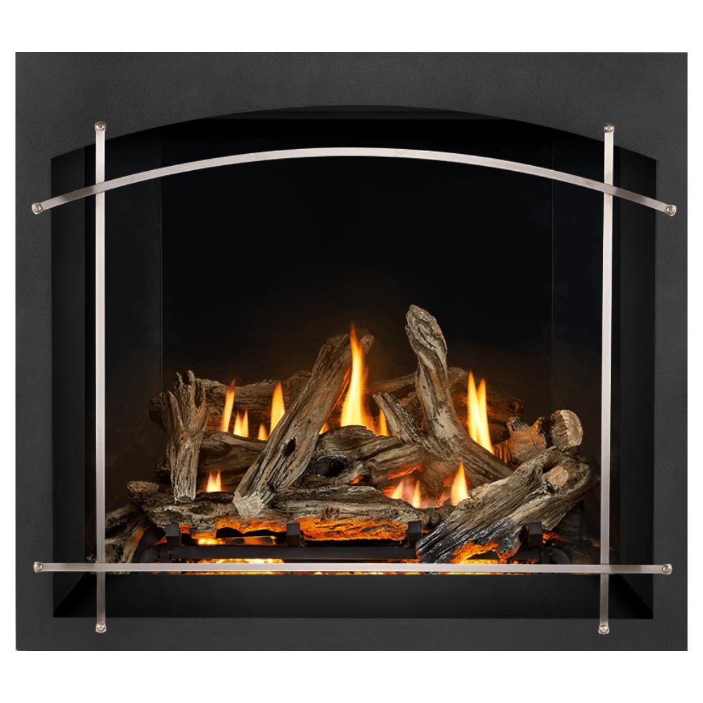 Direct vent gas fireplace firebox with burning logs, dark surround, and arched metal guard