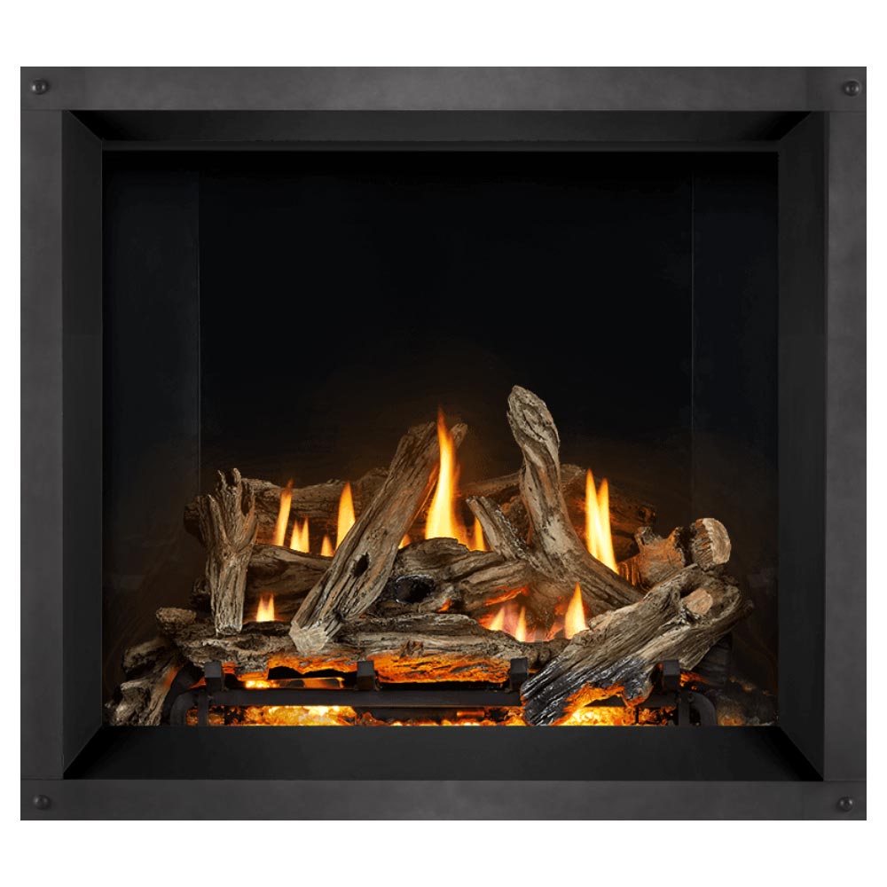 Direct vent gas fireplace, dark surround, burning split logs and orange flames behind glass