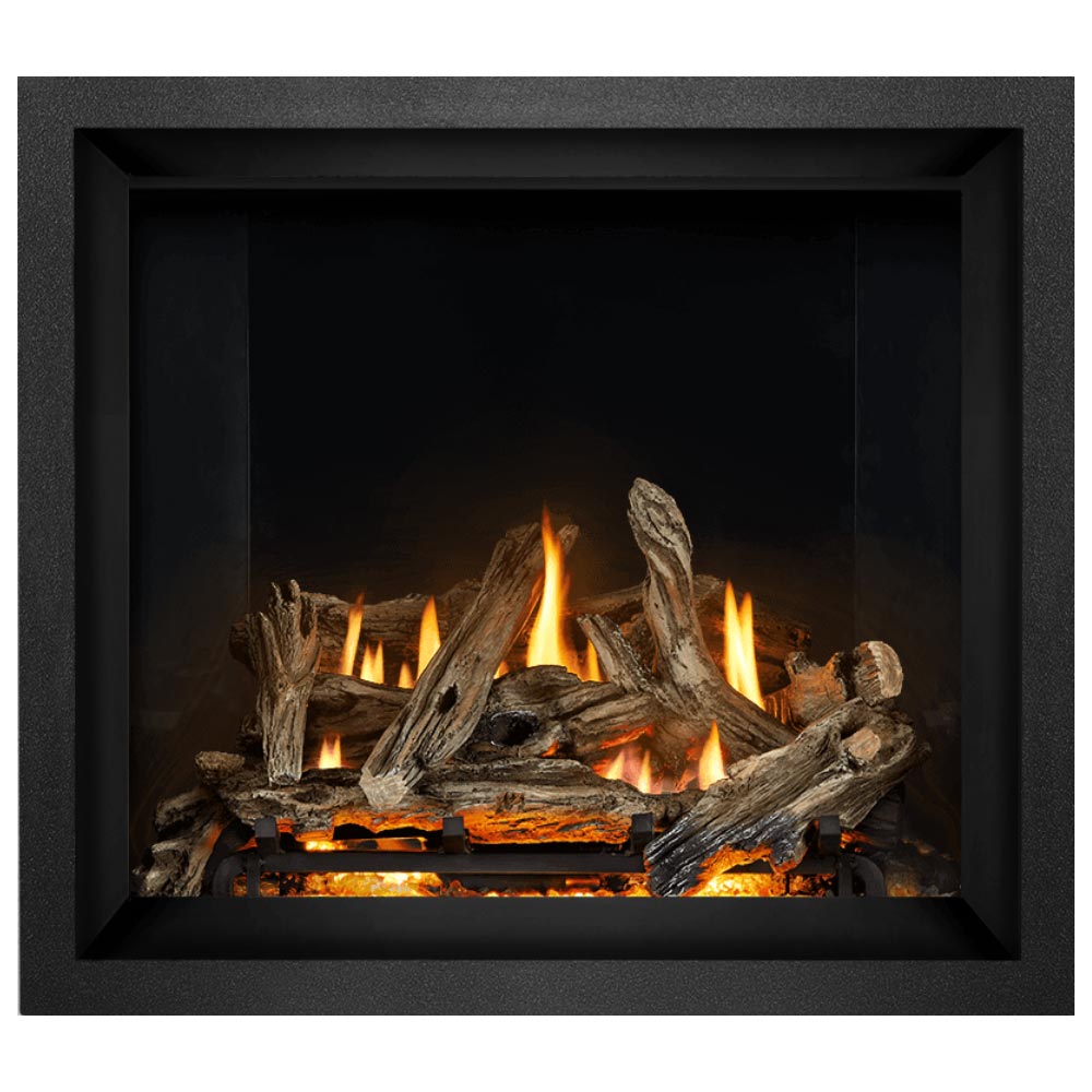 Direct vent gas fireplace with dark frame and burning logs behind open glass in dark space