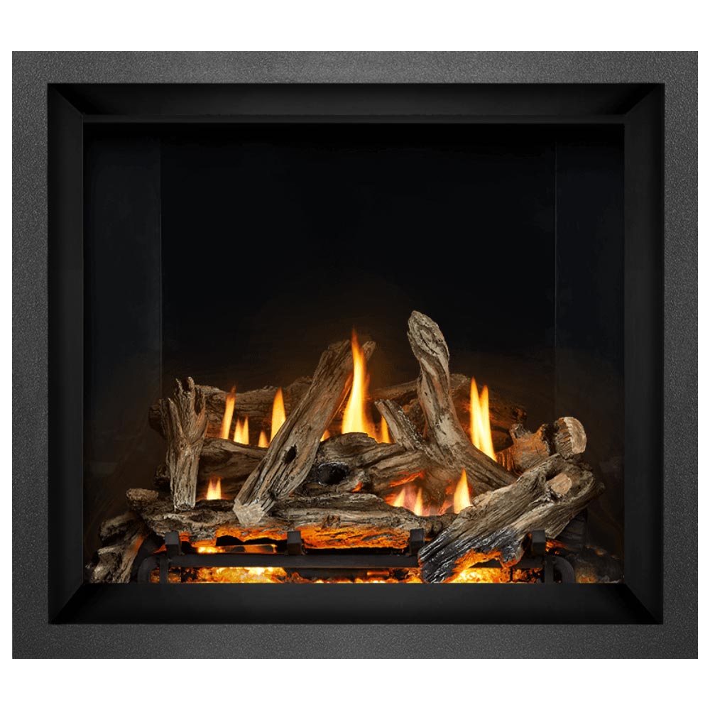 Gas fireplace insert with log bed and orange flames in a dark metal surround