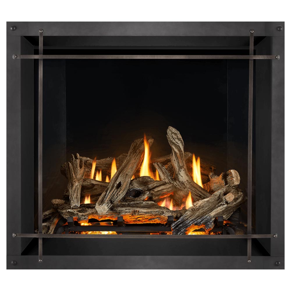 Direct vent gas fireplace with burning logs, black surround, and horizontal safety bar