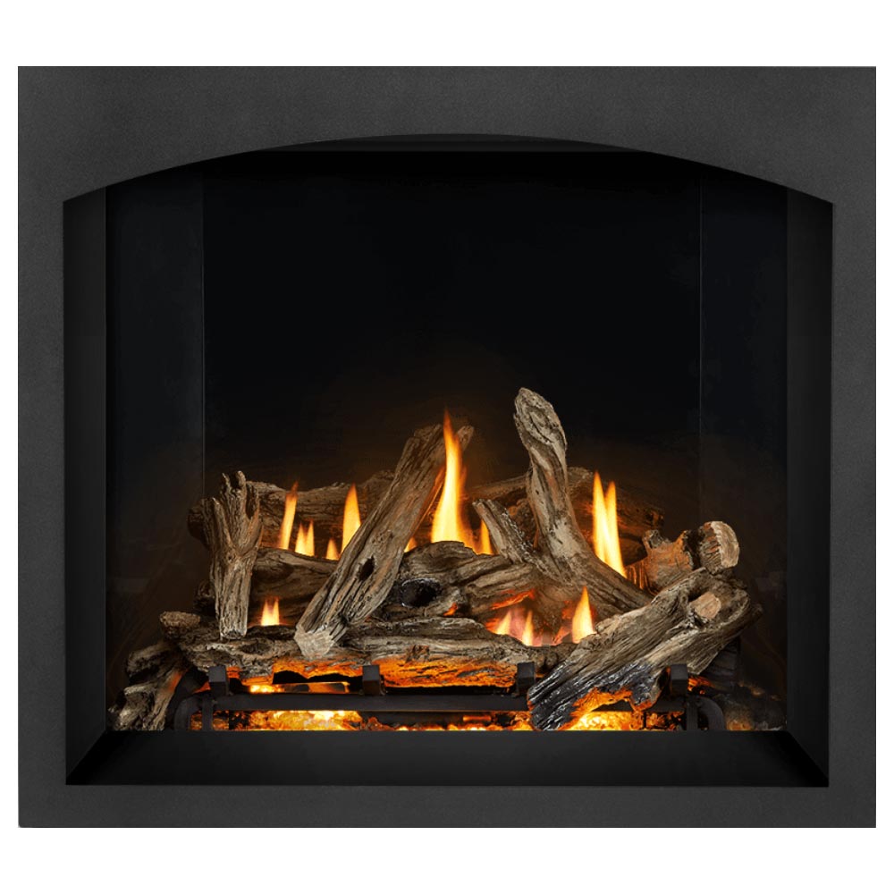 Gas fireplace with burning logs and flames, dark firebox interior and flame bed