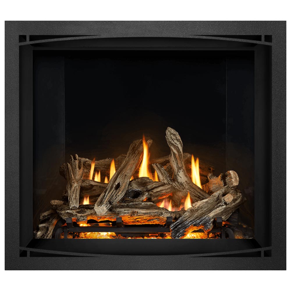 Direct vent gas fireplace with burning wood logs and bright flames over ember bed inside frame