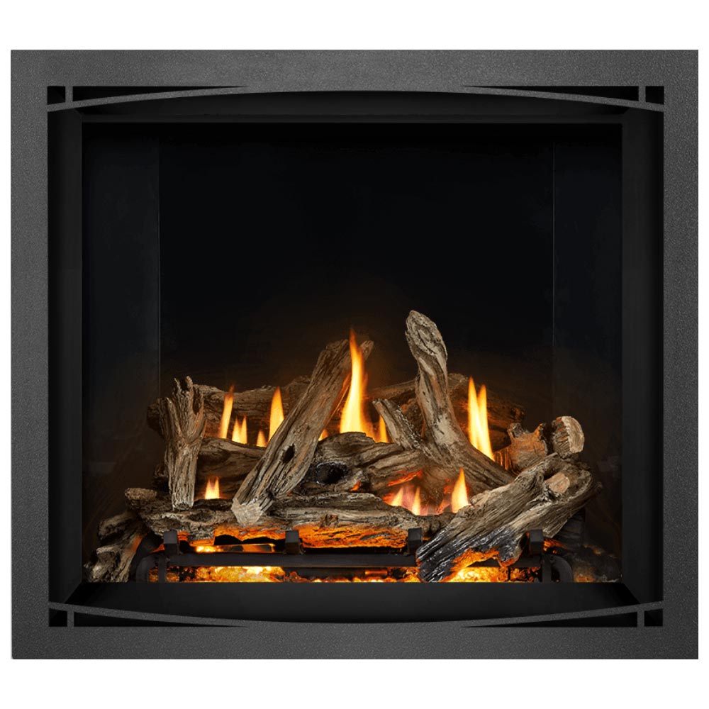 Direct vent gas fireplace with burning driftwood-style logs behind a dark opening