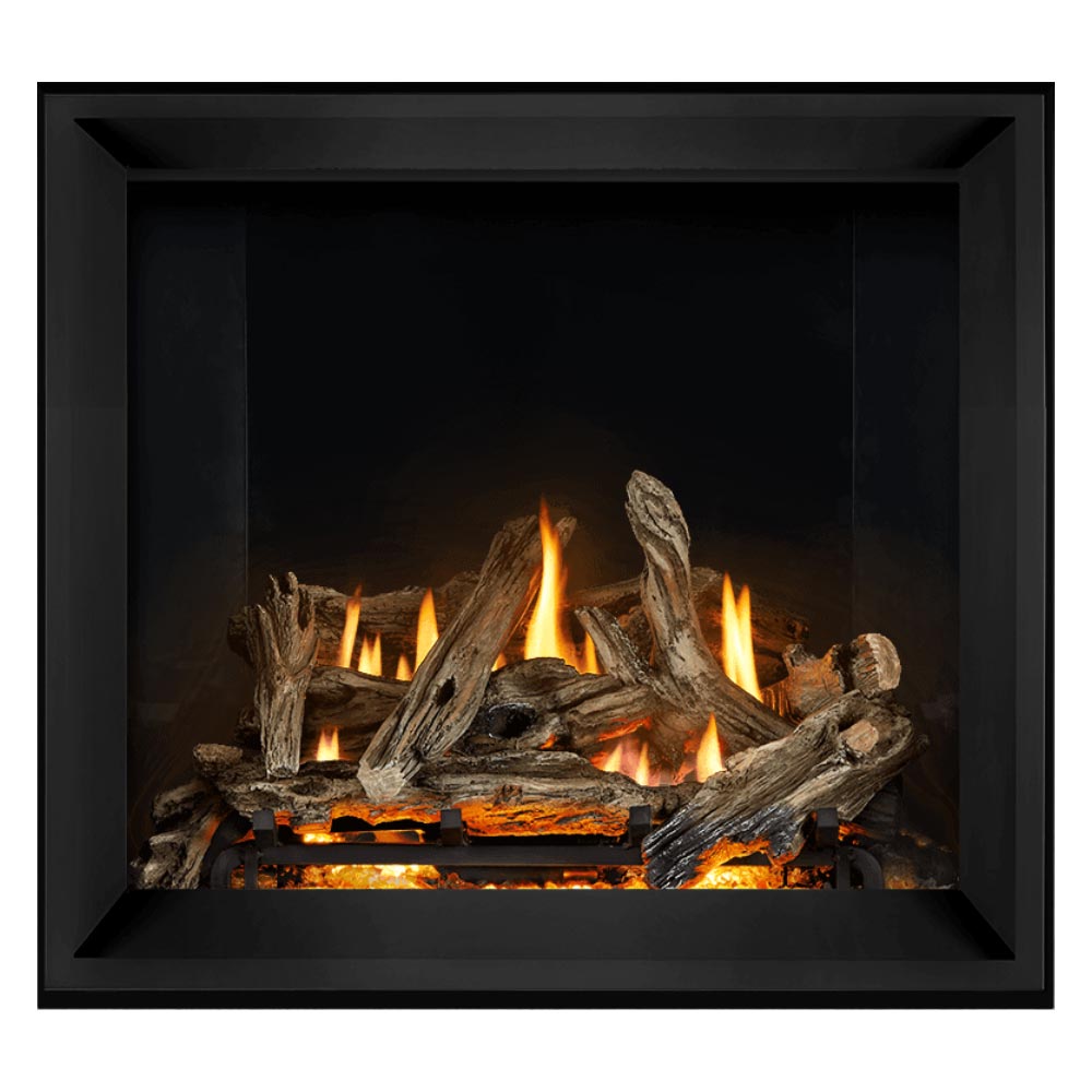 Direct vent gas fireplace with black frame, burning logs, dark back panel
