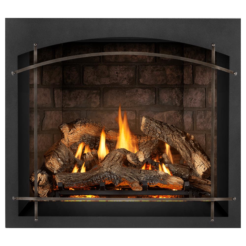 Direct vent gas fireplace with brick back panel, dark metal frame, and burning logs