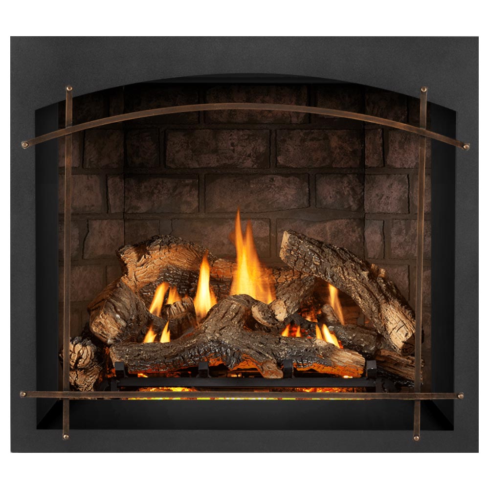 Direct vent gas fireplace with glowing flames over stacked log set in brick-pattern back panel