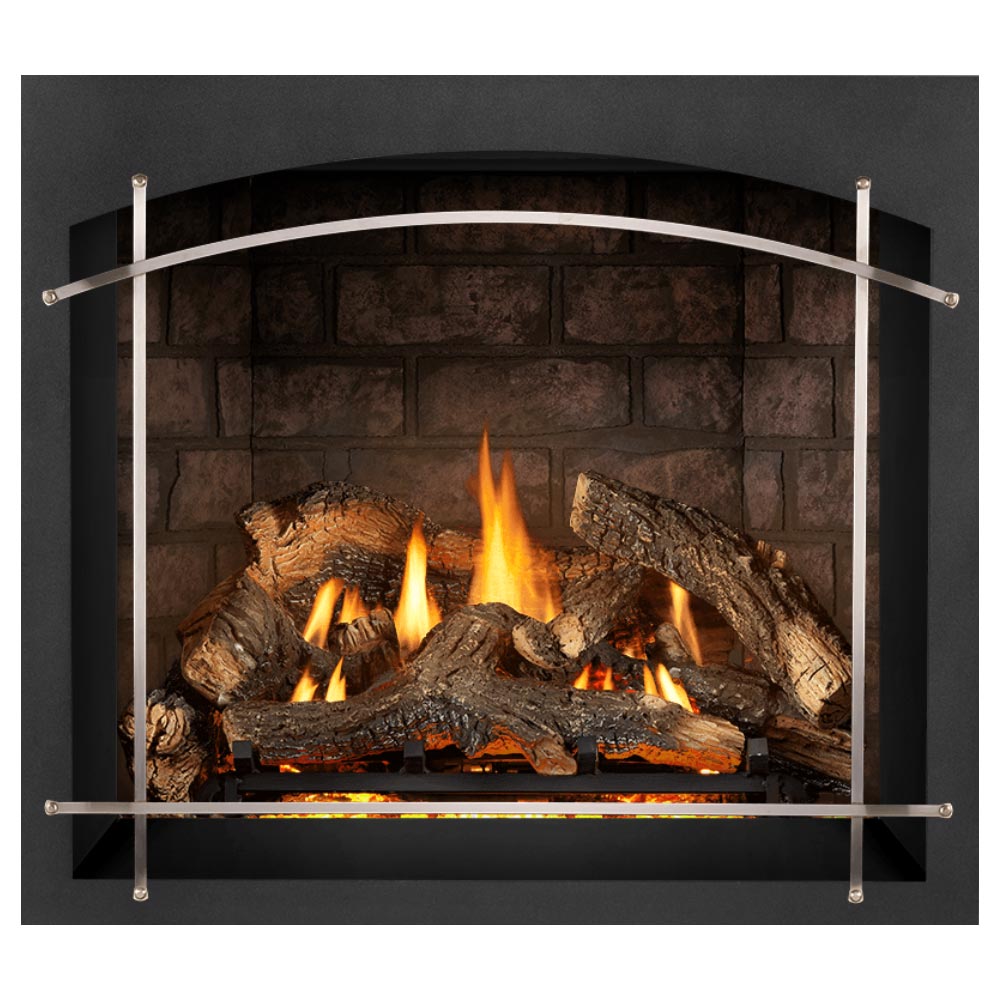 Direct vent gas fireplace insert with arched light frame, burning logs, and glass front