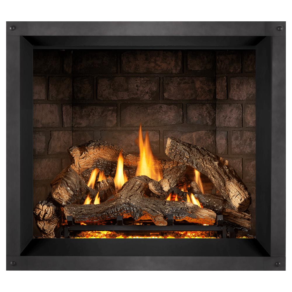 Direct vent gas fireplace insert with burning logs and orange flame peaks behind black door