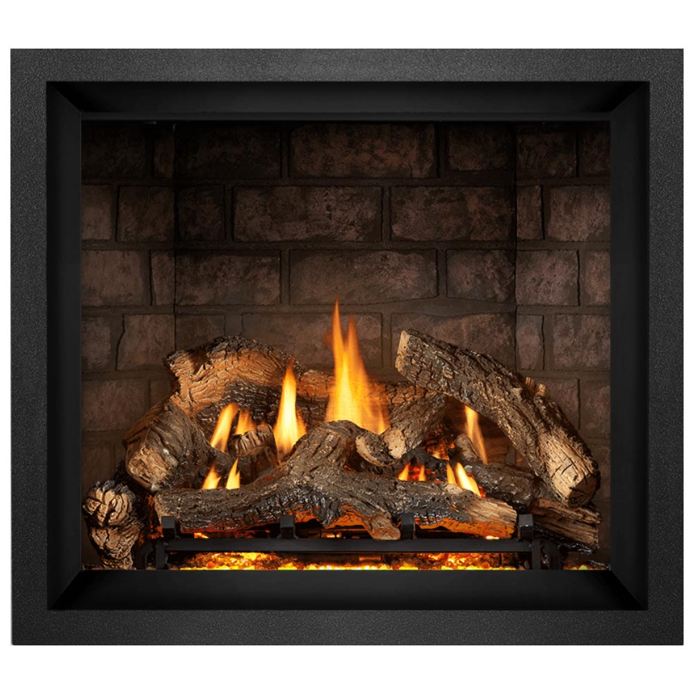 Direct vent gas fireplace, dark surround, burning logs with ember bed and orange flames