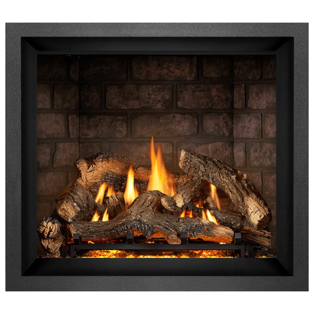 Black direct vent gas fireplace with glowing coals, burning logs, and orange flames in firebox