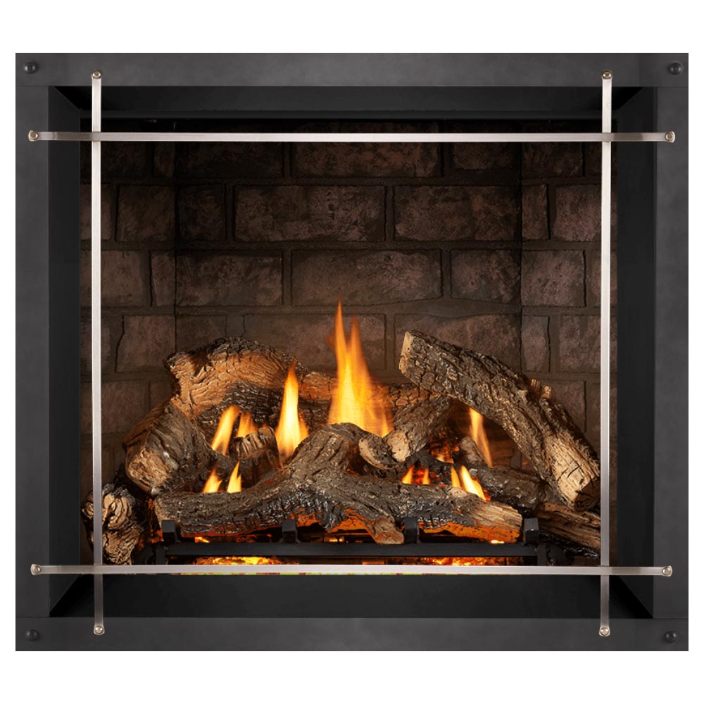 Direct vent gas fireplace showing flames and log set behind stone brick-look back panel
