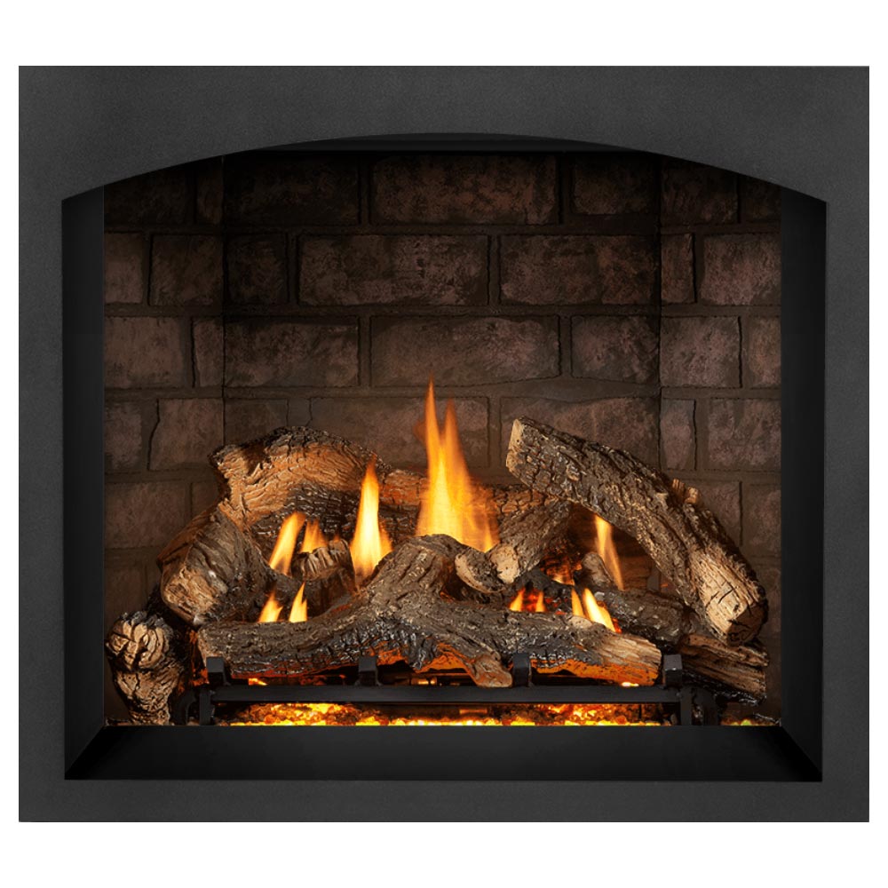 Black gas fireplace with burning log set and embers in brown brick
