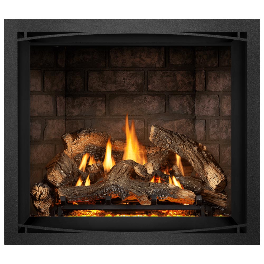 Black direct vent gas fireplace with burning logs and bright flames on ember bed