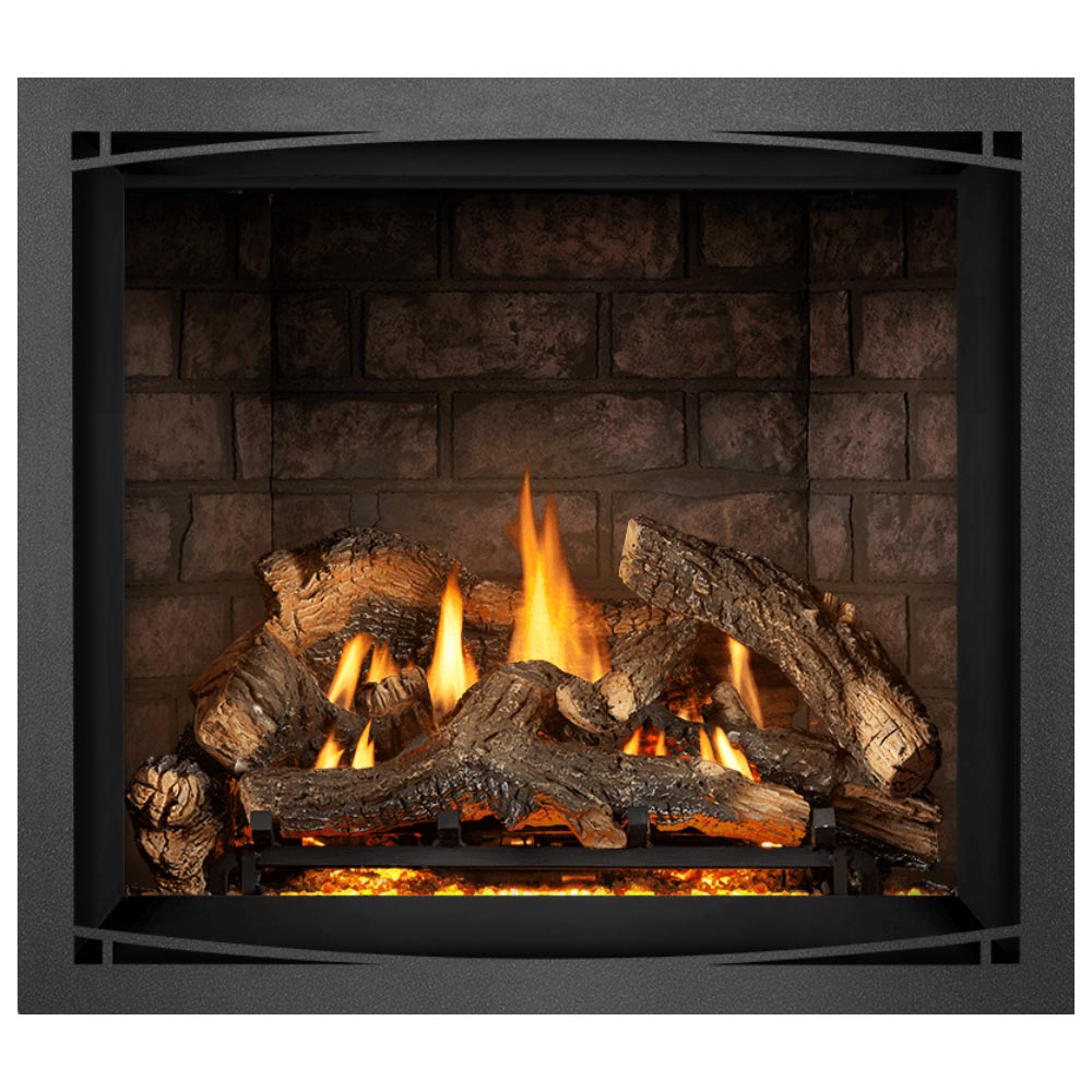 Direct vent gas fireplace with burning wood logs and flames, glowing embers inside dark frame