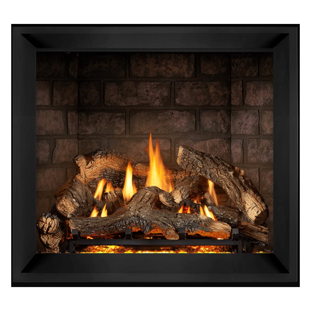 Napoleon direct vent gas fireplace with black surround and large split burning logs