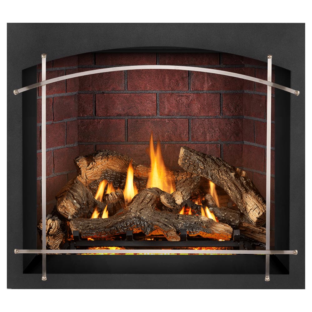 Direct vent gas fireplace with black surround, red brick back, silver arched grate, burning logs
