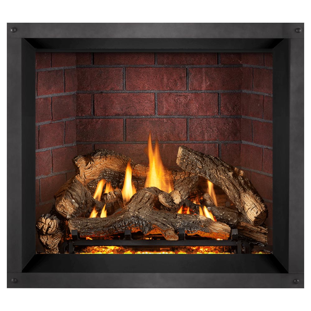 Black direct-vent gas fireplace insert with burning log set and flames against a red brick wall