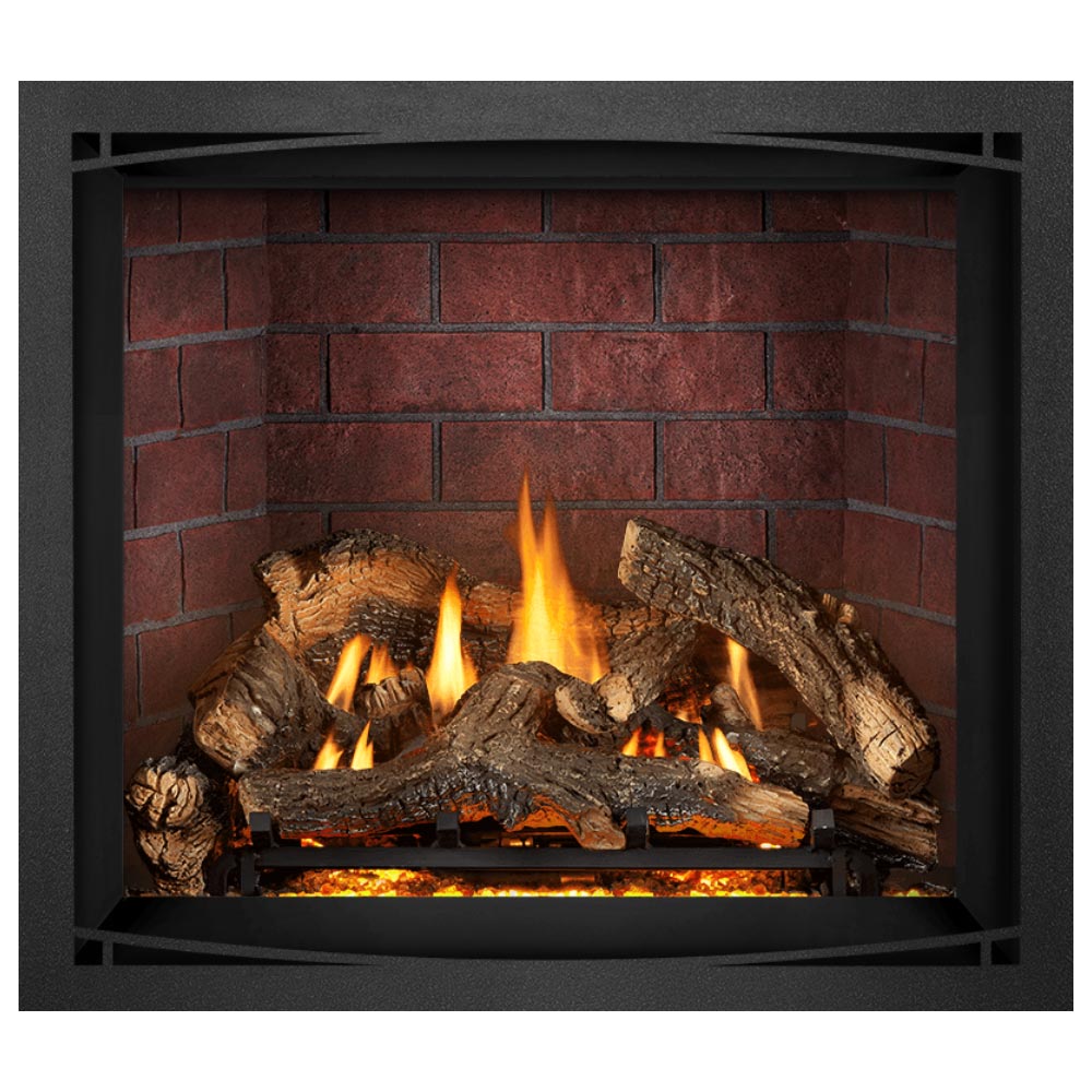 Direct vent gas fireplace with dark frame and burning logs in front of brick wall