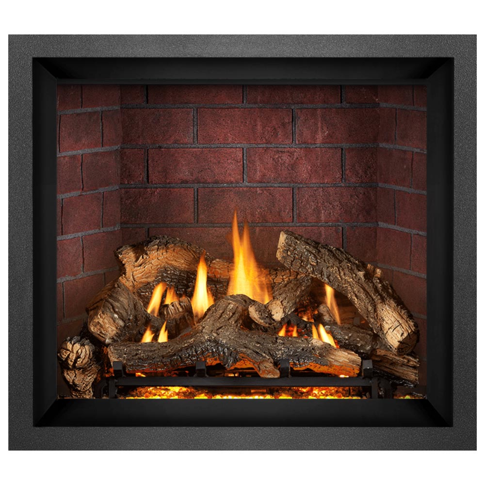Direct vent gas fireplace with burning logs and orange flames in black firebox