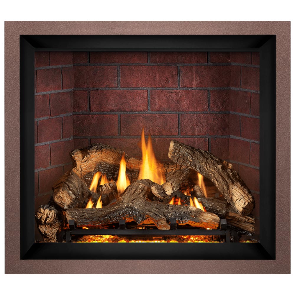 Gas fireplace insert with black frame, red brick back, burning logs and tall flames