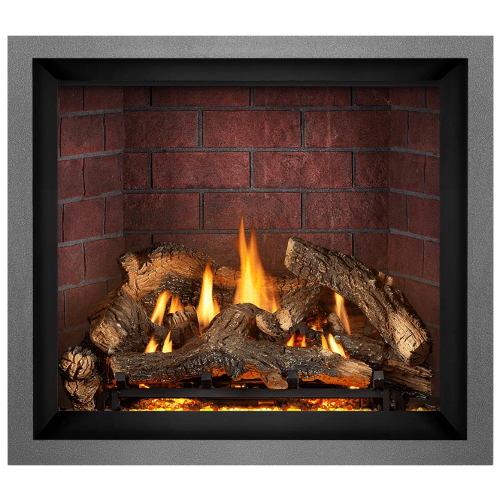 Direct vent gas fireplace with stacked logs burning and orange flames in the firebox.