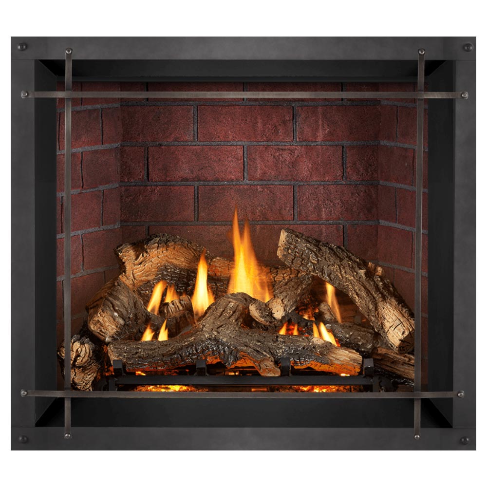 Direct vent gas fireplace with dark metal frame, burning logs and orange flames
