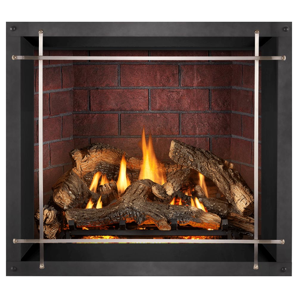 Direct vent gas fireplace with black surround, red brick back, silver grate, and burning logs