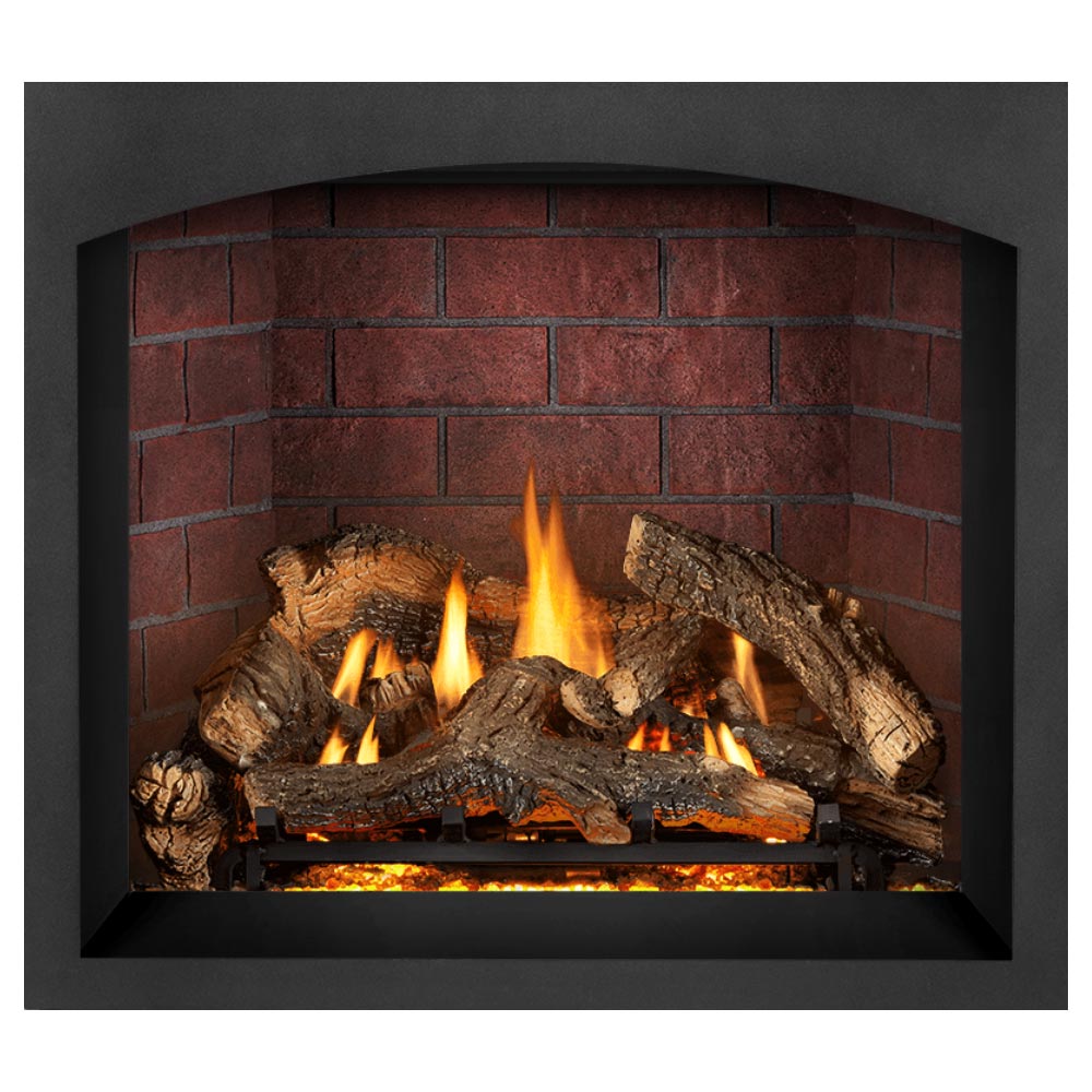 Gas fireplace with burning logs and flames, red brick interior backdrop