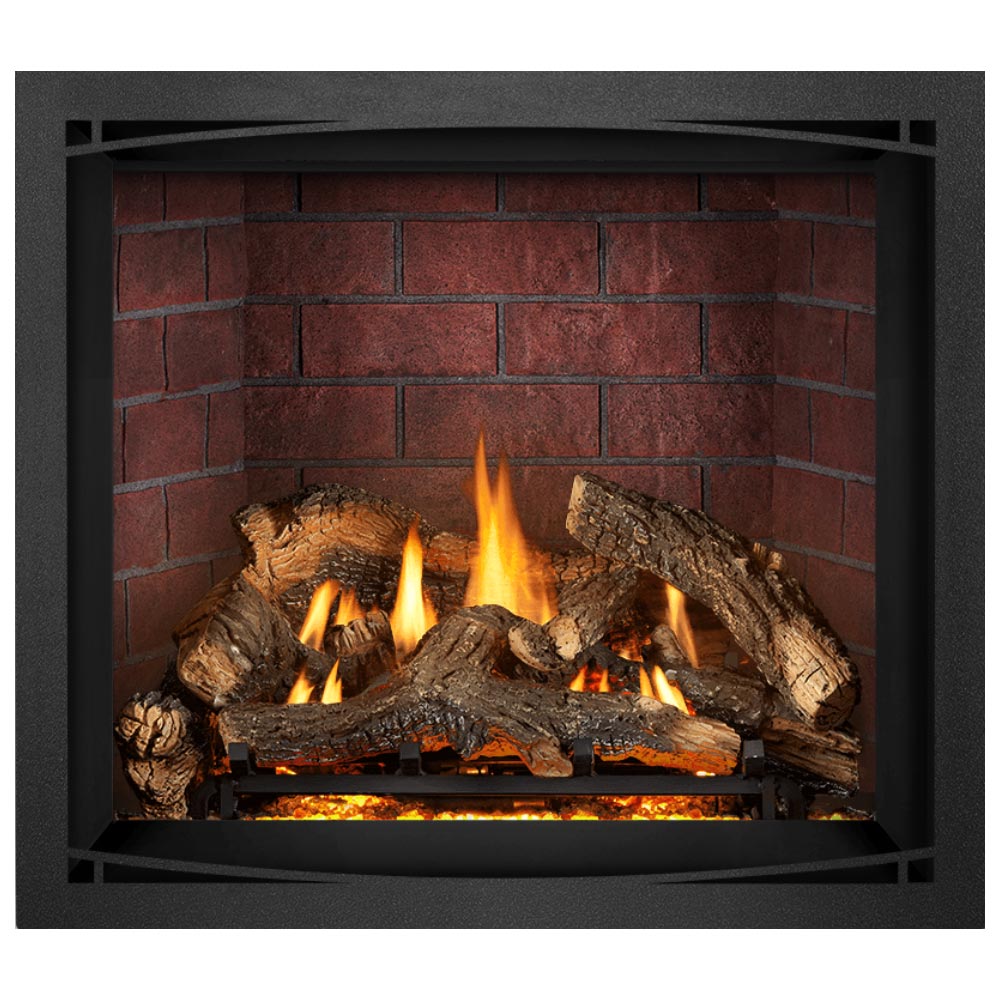 Direct vent gas fireplace with burning logs and embers in a red brick back panel