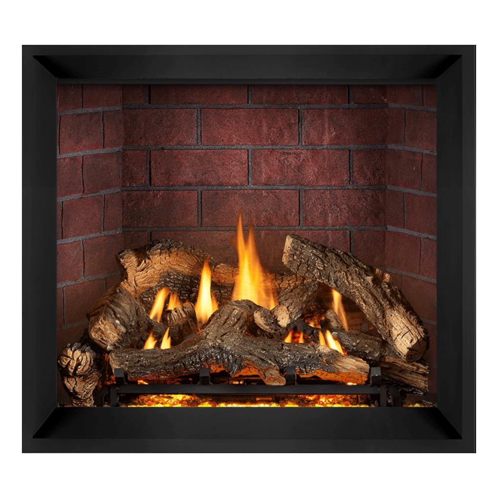 Direct vent gas fireplace with black frame, burning logs, red brick back panel