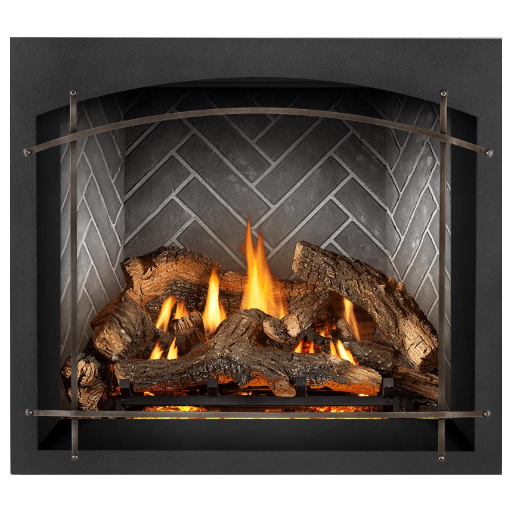 Gas direct-vent fireplace with burning logs and gray geometric back panel, dark frame with side posts.