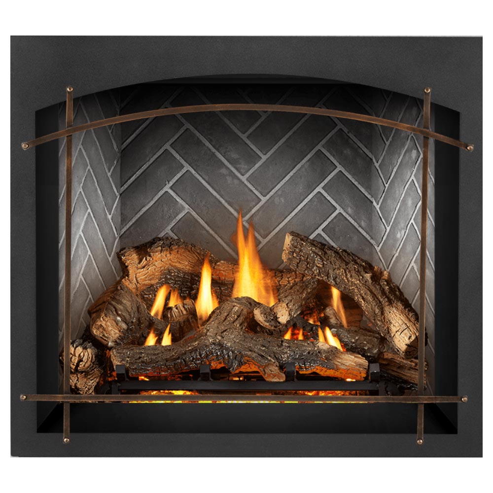 Gas direct-vent fireplace with burning logs, gray geometric back panel, dark frame and arched guard.